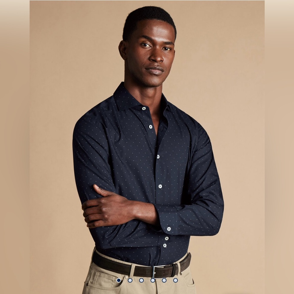Charles Tyrwhitt Semi-Spread Collar Non-Iron Stretch Spot Print Shirt - Navy